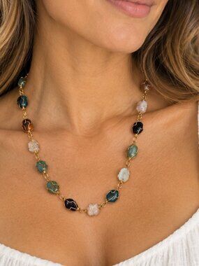 Boho Multicolor Tumbled Stone Gold Tone Wire Wrapped Necklace 16"